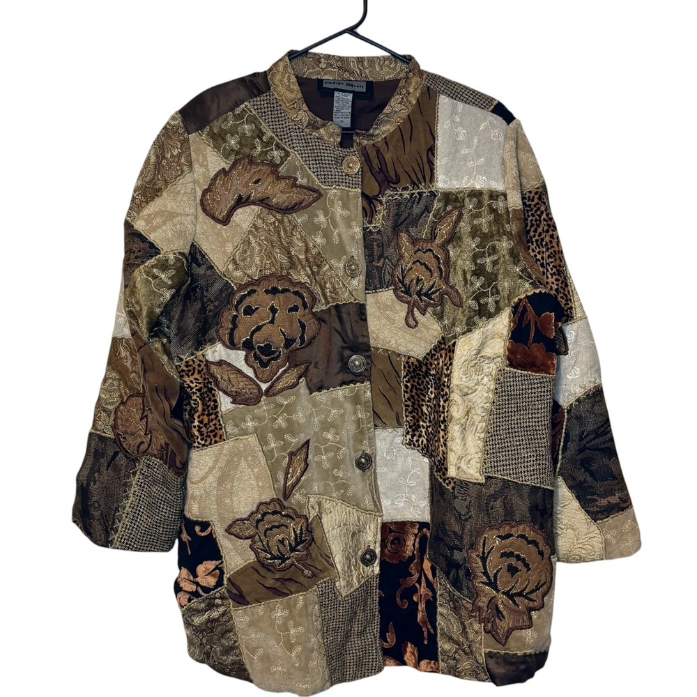 Indigo Moon Womens Jacket Vintage Patchwork Print Artwear Tapestry Button Up 1X